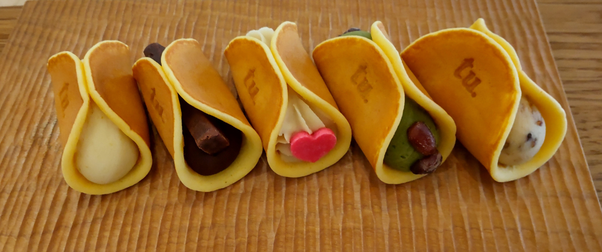 京都の老舗和菓子店　「鶴屋吉信」若者向けのお洒落なカフェ『tubara cafe』バニラ、チョコ、桜、抹茶、ラムレーズン5種類の生つばらは、一つからオーダーできます！